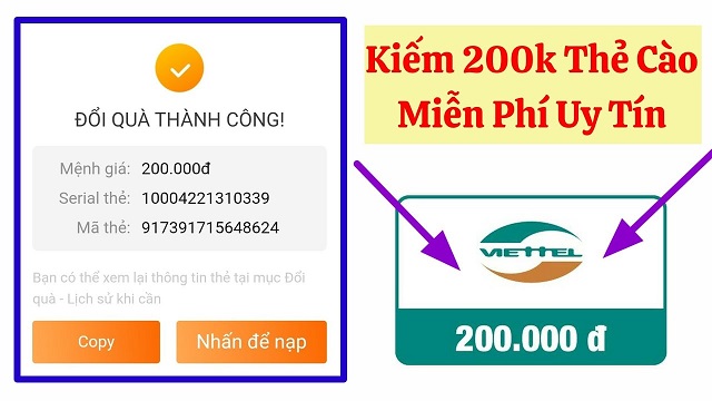 Tặng thẻ cào điện thoại Viettel 200k miễn phí, Free Card còn số Seri
